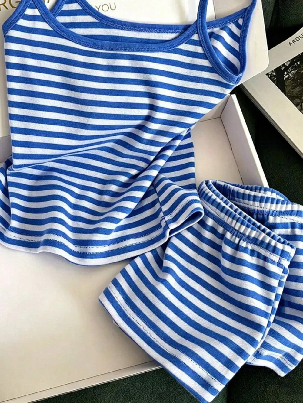 Baby Blue Casual Women's Striped Colorblock Cami Top And Shorts Set